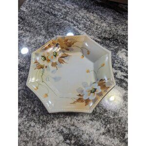 Vtg Yanagi NIPPON Hand Painted Gold Brown Black White Floral Hexagon Plate